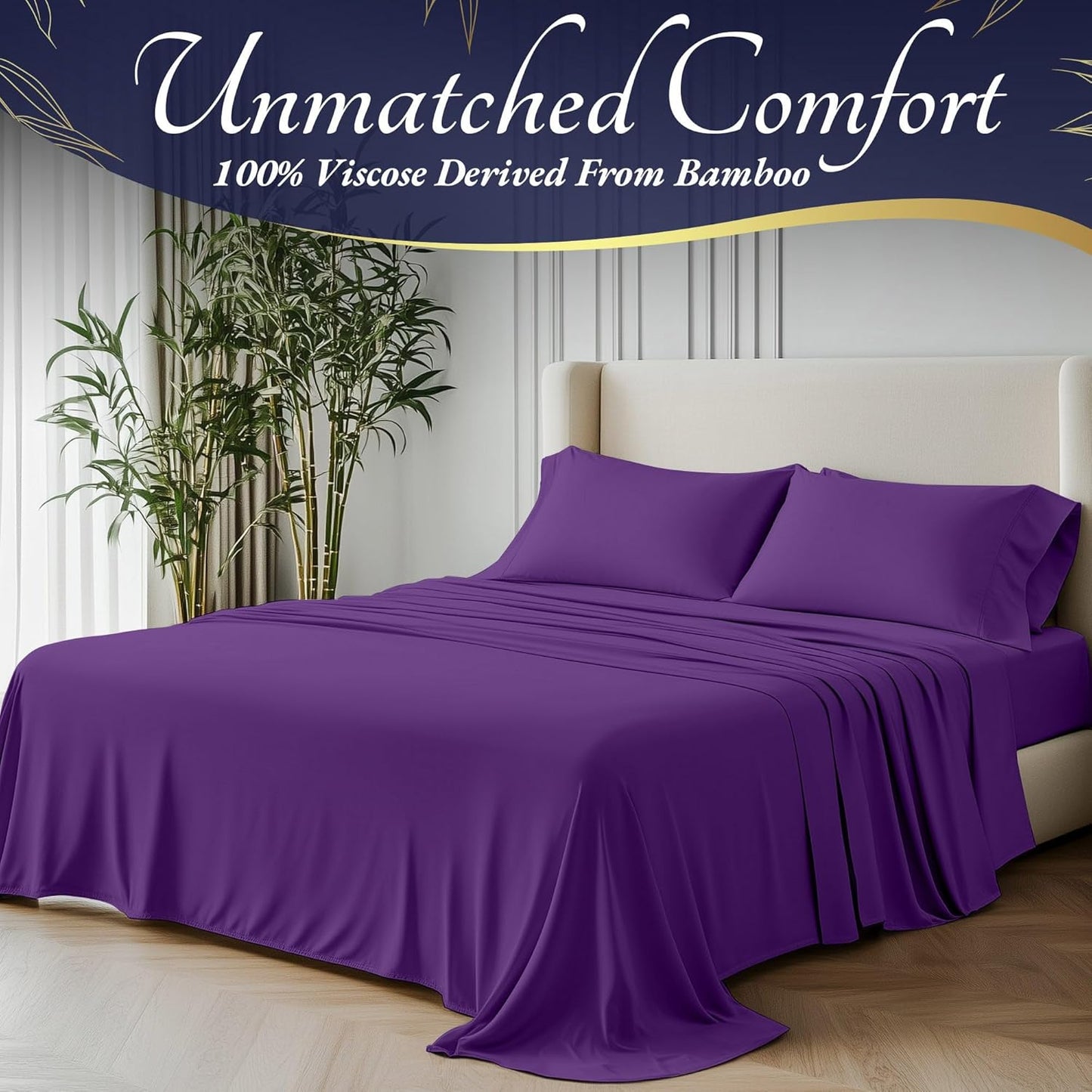 DECOLURE 100% Viscose Derived from Bamboo Sheets Cal King Size 4pcs - Ultra Soft & Luxuriously Cooling, 17" Deep Pocket, Double Stitching, Perfect for Hot Sleepers - King Bed Sheets (Purple)