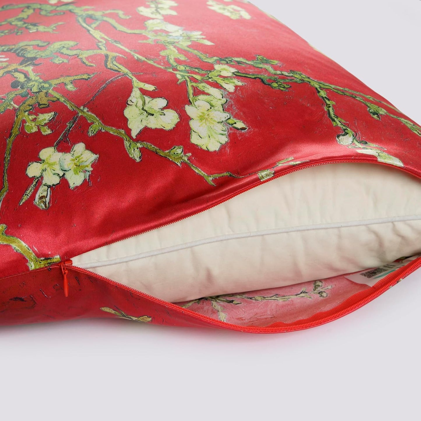 ALASKA BEAR Luxury Silk Pillowcase for Beauty Sleep, Genuine 22 Momme Mulberry Silk Pillow Case Slip for Room Decor, Red Cherry Blossom Floral Pattern Printed, Queen Size (1pc, Gift Box)