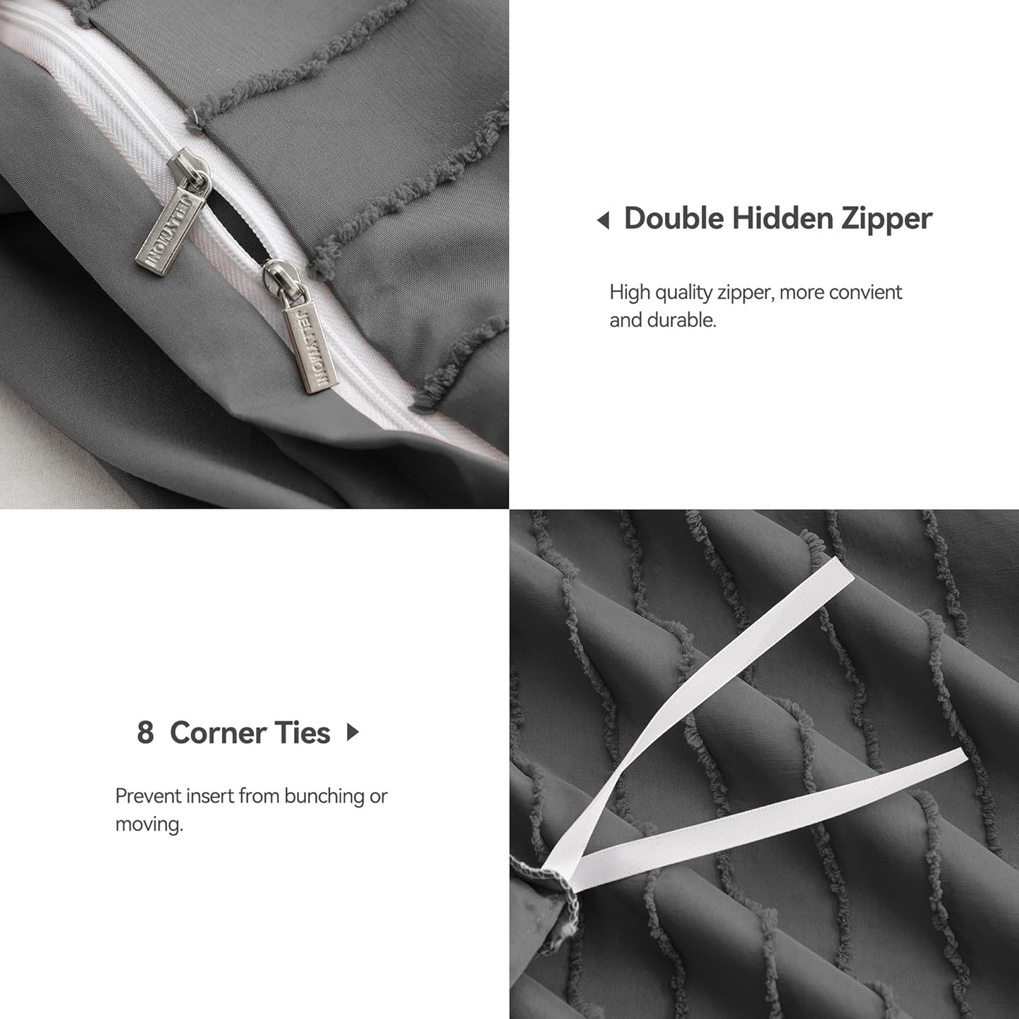 JELLYMONI Duvet Cover Full Size Dark Grey - 3PCS Boho Striped Duvet Cover Set Polyester Tufted Bohemian Textured Comforter Cover 80×90in with Corner Ties & Zipper and 2 Pillowcases