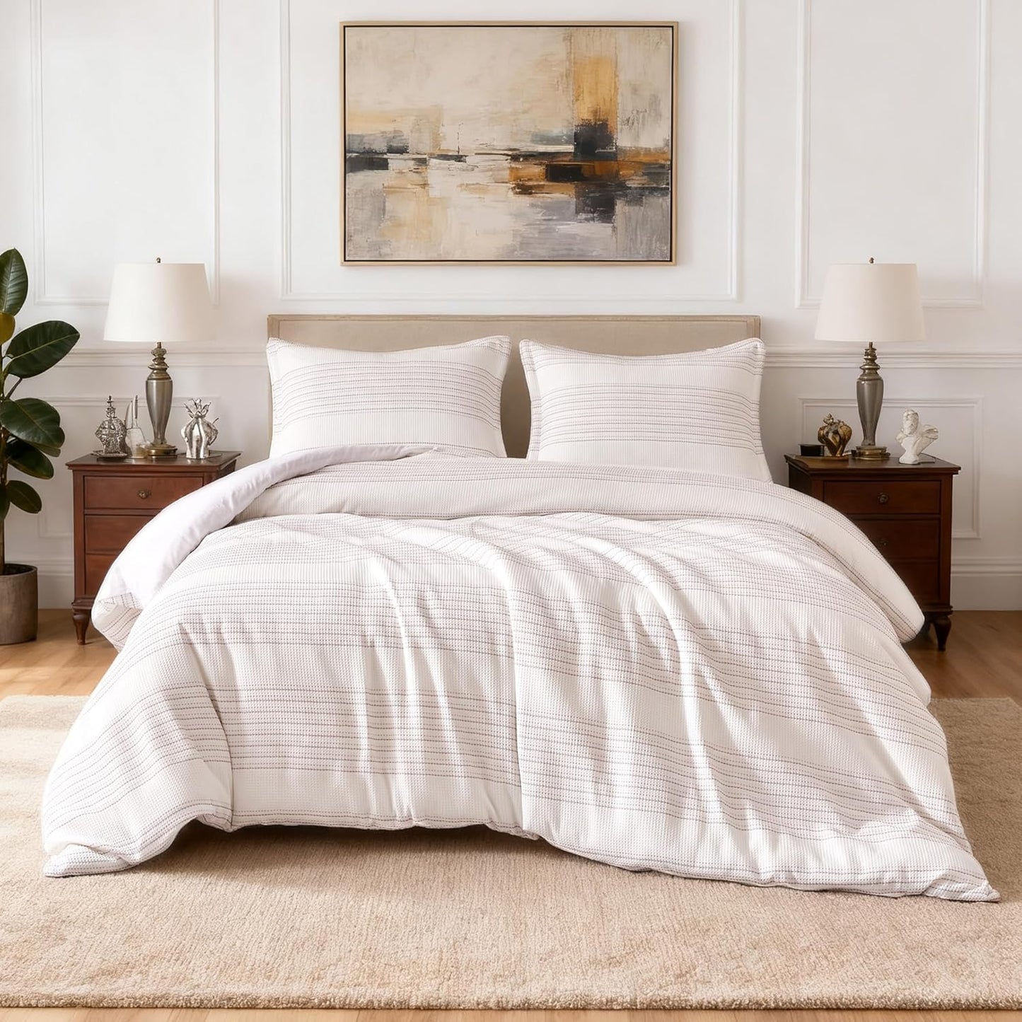 Amazon Basics Waffle Weave Microfiber 3-Piece Duvet Cover Set, Includes 1 Duvet Cover and 2 Pillow Shams, California King, Pink Striped