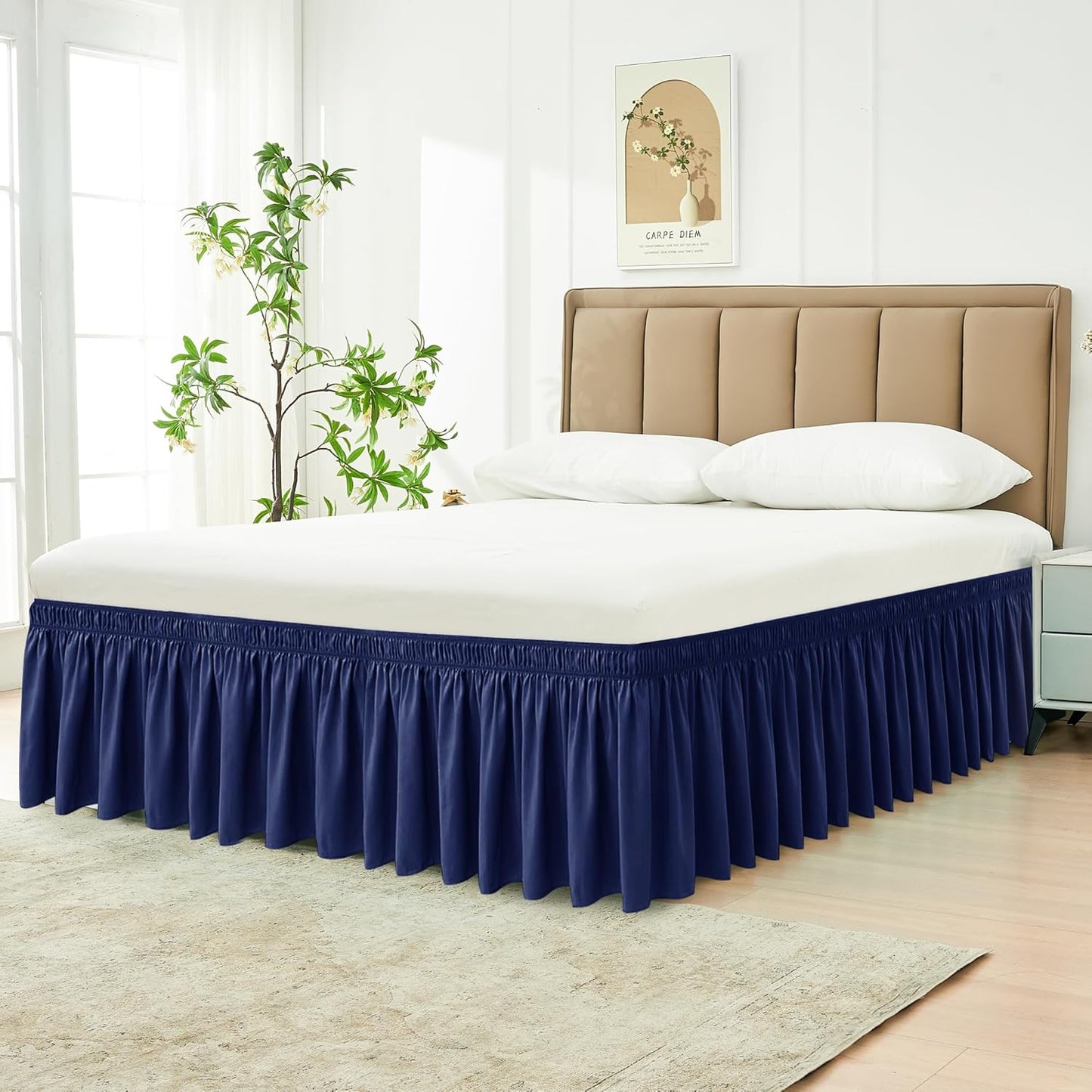 Biscaynebay Wrap Around Bed Skirts for King & Cal King Beds 19" Long Drop, Navy Adjustable Elastic Dust Ruffles Easy Fit Wrinkle & Fade Resistant Silky Luxurious Fabric Solid Machine Washable