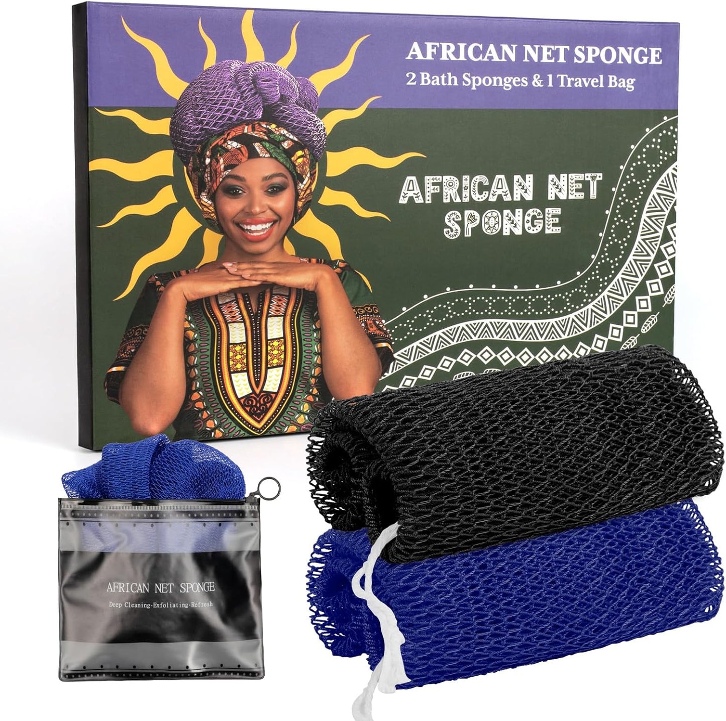 African Net Sponge Authentic with Handles (Set of 2), African Exfoliating Net Sponge, Exfoliating Body Scrubber Bath Sponge - Bathing Accessories with Storage Bag (Blue & Black)