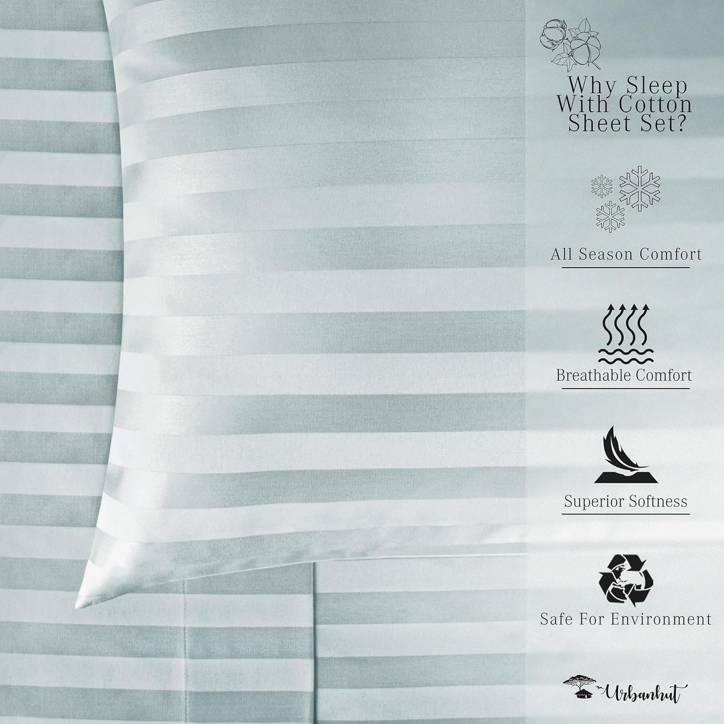 URBANHUT 1000 Thread Count Damask Striped Queen Sheet Set Egyptian Cotton, Long Staple Soft & Breathable, 4 Pcs Bed Sheet Sets, Luxury Hotel Sateen Finish Sheets Fits 16" Deep Pocket - Light Blue