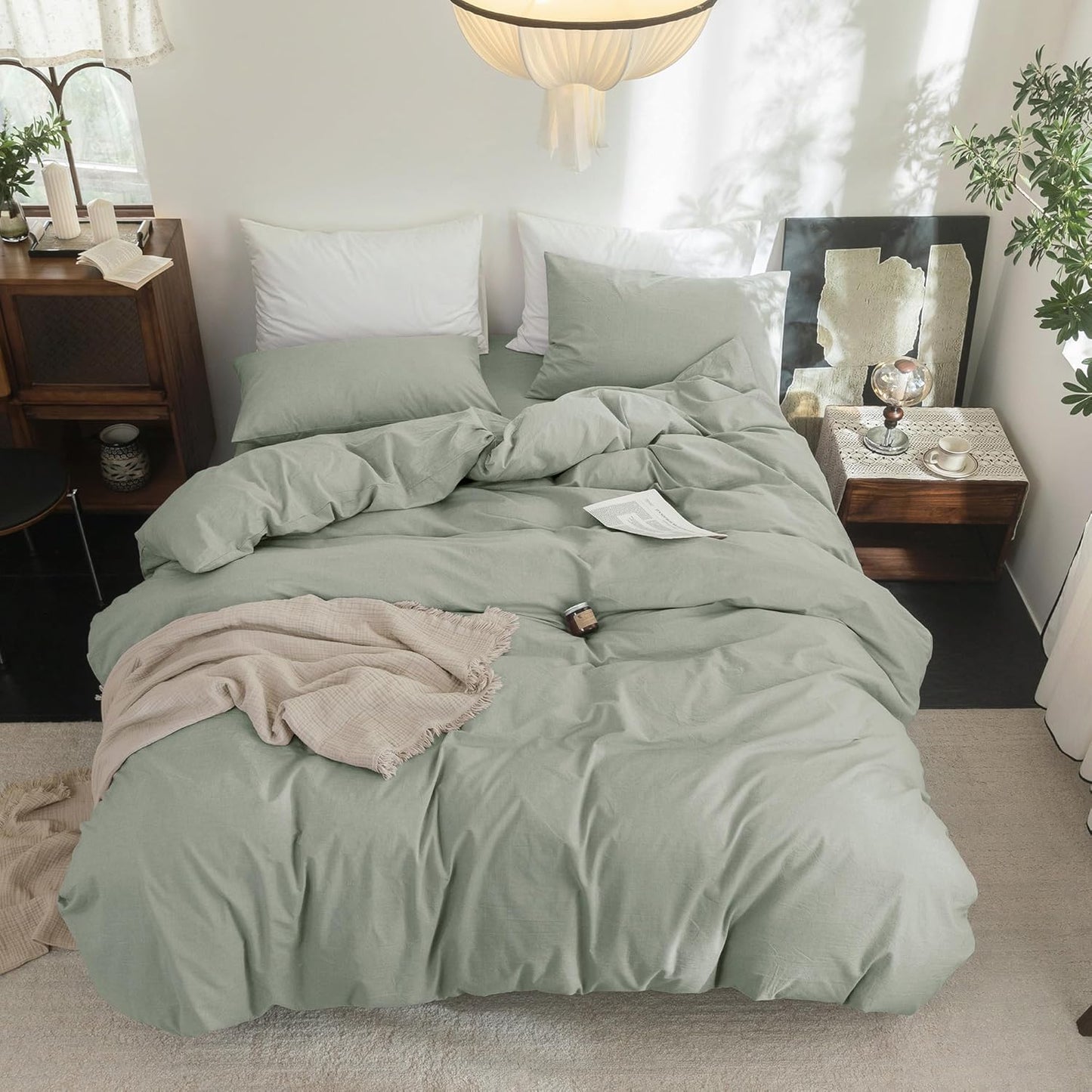 FOSSA Duvet Cover Set 100% Washed Cotton Linen Feel Super Soft Breathable Cozy Simple Style 3 Pieces Bedding Sets Solid Sage Green Super King Plus