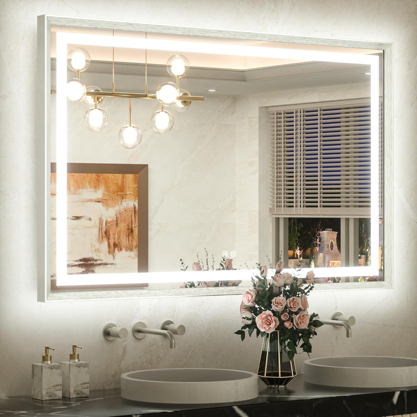 TETOTE 48 x 32 Bathroom LED Mirror Brushed Nickel Metal Frame Frontlit & Backlit Vanity Mirror Stepless Dimmable Anti-Fog 3 Colors White/Warm/Natural Lighted up Vanity Wall-Mounted