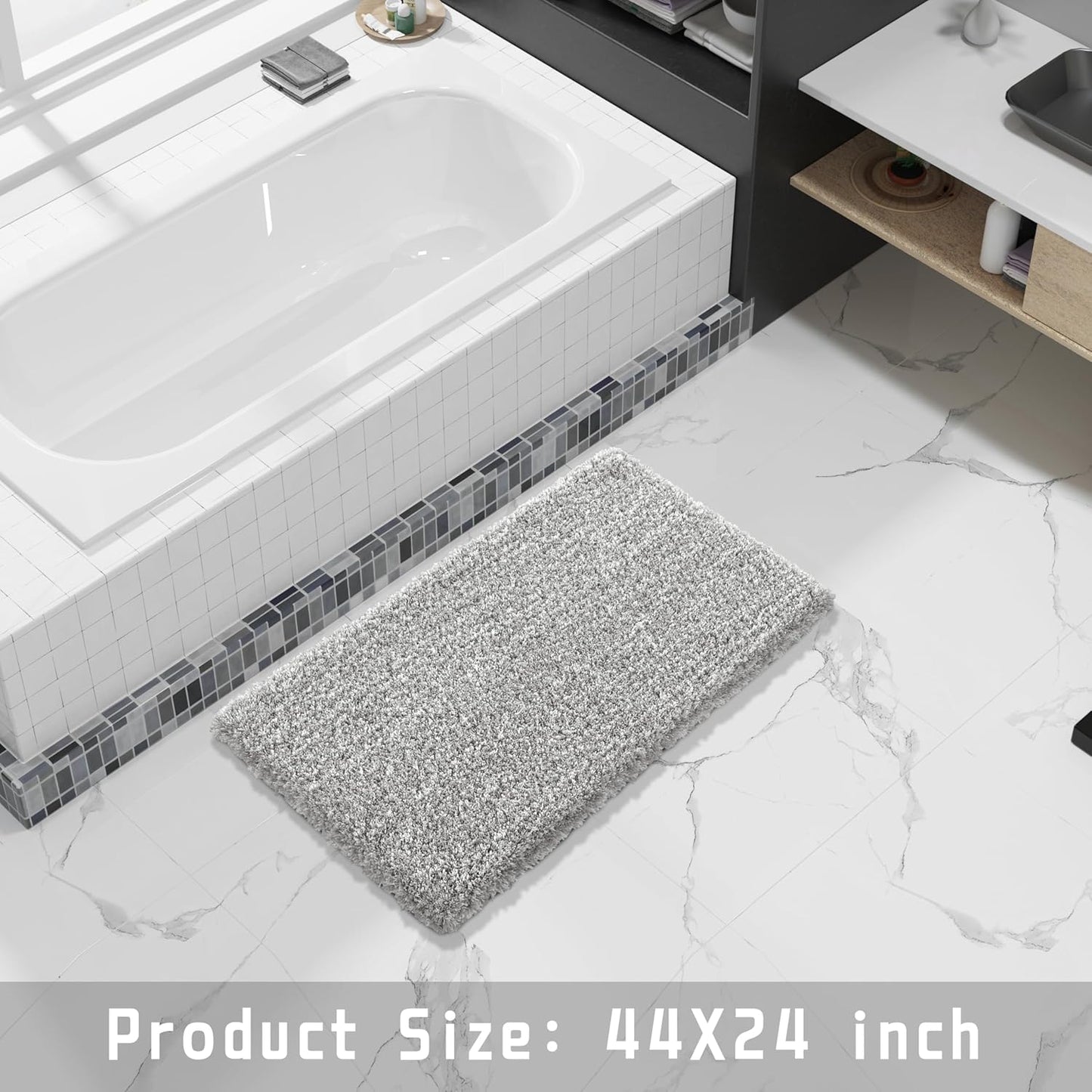 Yimobra Luxury Bathroom Rugs, Fluffy Bath Mats, Non Slip, Water Absorbent Microfiber, Machine Washable, Plush Carpet Shower Rugs, Thick Matts for Bathroom Floor&Tub, 44"x 24", Light Gray and White