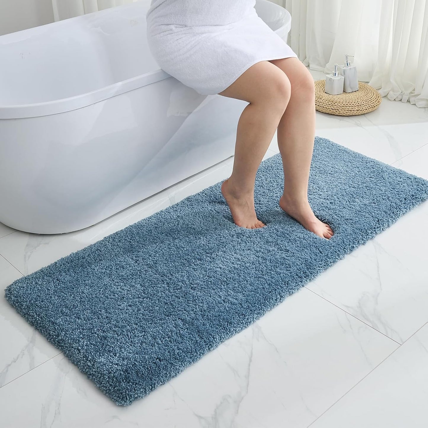 Blue Bathroom Runner Rug 24x70 Non Slip Fluffy Long Bath Mat for Bathroom Floor Washable Plush Luxury Large Bath Rug for Tub Absorbent Runner Rug for Bedside