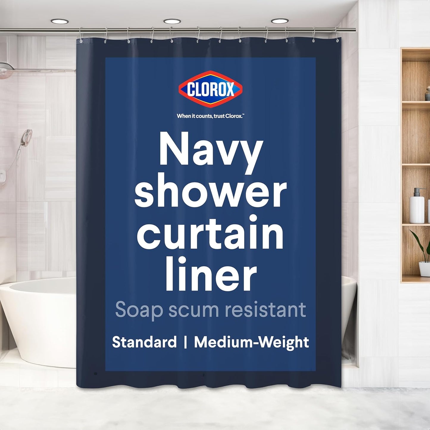 CLOROX Shower Curtain Liner, Premium Colored Medium-Weight Durable Waterproof 6g PEVA for Bathroom with Weighted Magnets, Standard Size 72" x 72", Blue