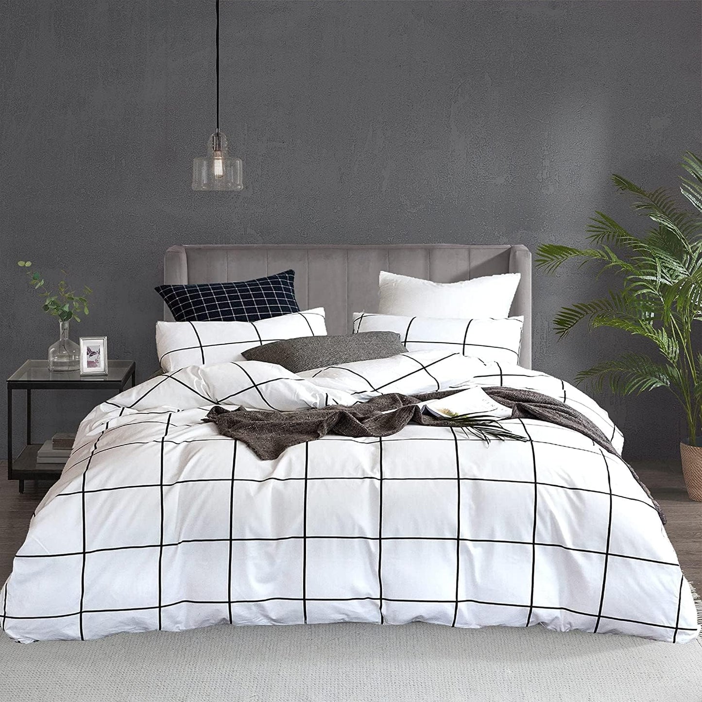 KAREVER White Grid Comforter Set Big Grid Bedding Set Full White Black Plaid Printed Stripes Women Checkered Comforters Bedding Set Girls White Grid Bed Blanket Set White Plaid Full Comforter