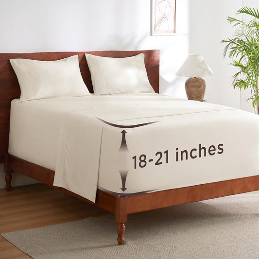 Bedsure Deep Pocket King Sheet Set - Fits Mattresses Up to 21 Inches Thick - 4 Piece GentleSoft Bed Sheets, Moisture Wicking, Soft & Cooling Bedsheet & Pillowcases, Easy & Secure Fit, Ivory
