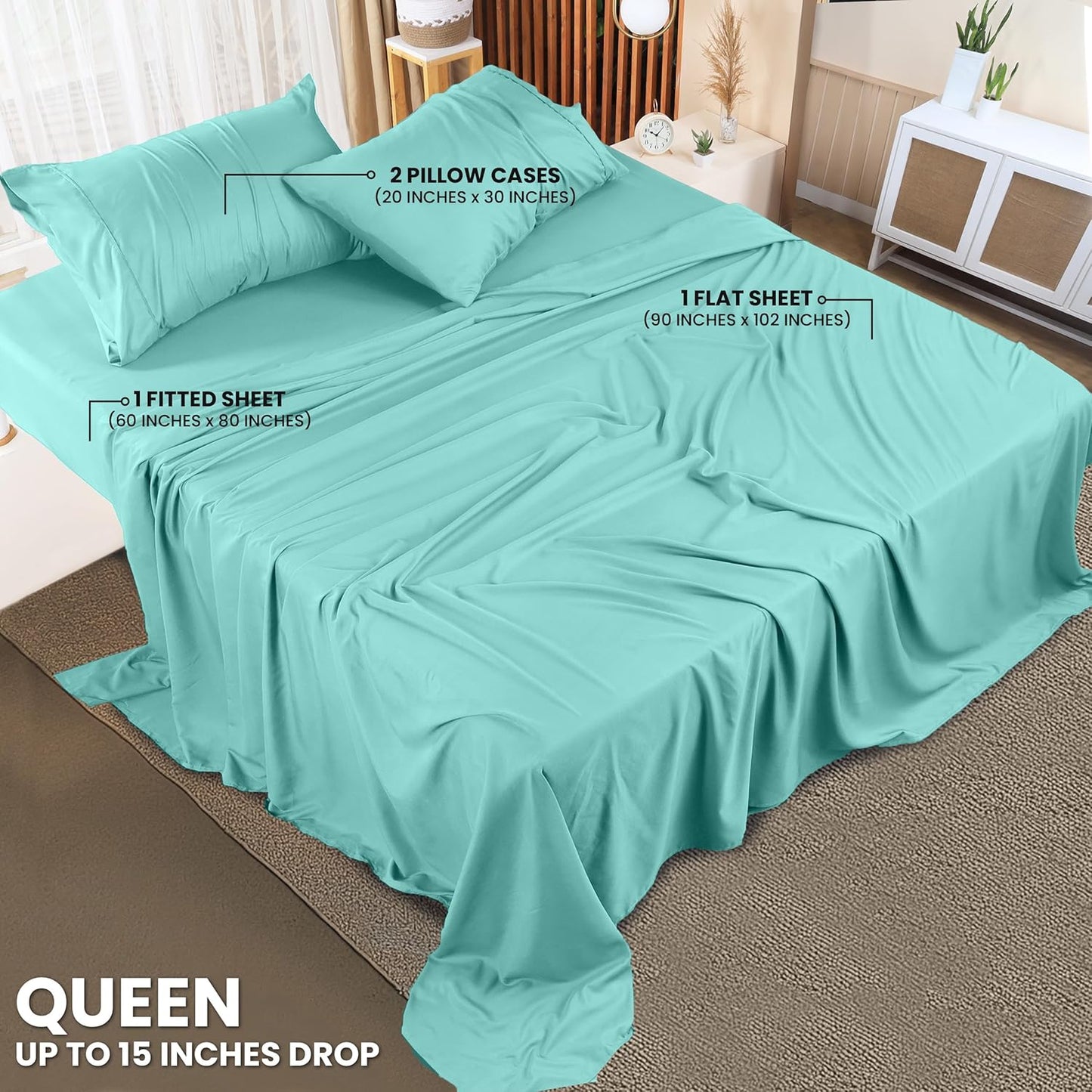 Utopia Bedding Queen Sheet Set – 4 Piece Bed Sheets for Queen Size Bed, Soft and Breathable Microfiber, Includes 1 Fitted Sheet, 1 Flat Sheet and 2 Pillowcases (Spa Blue)