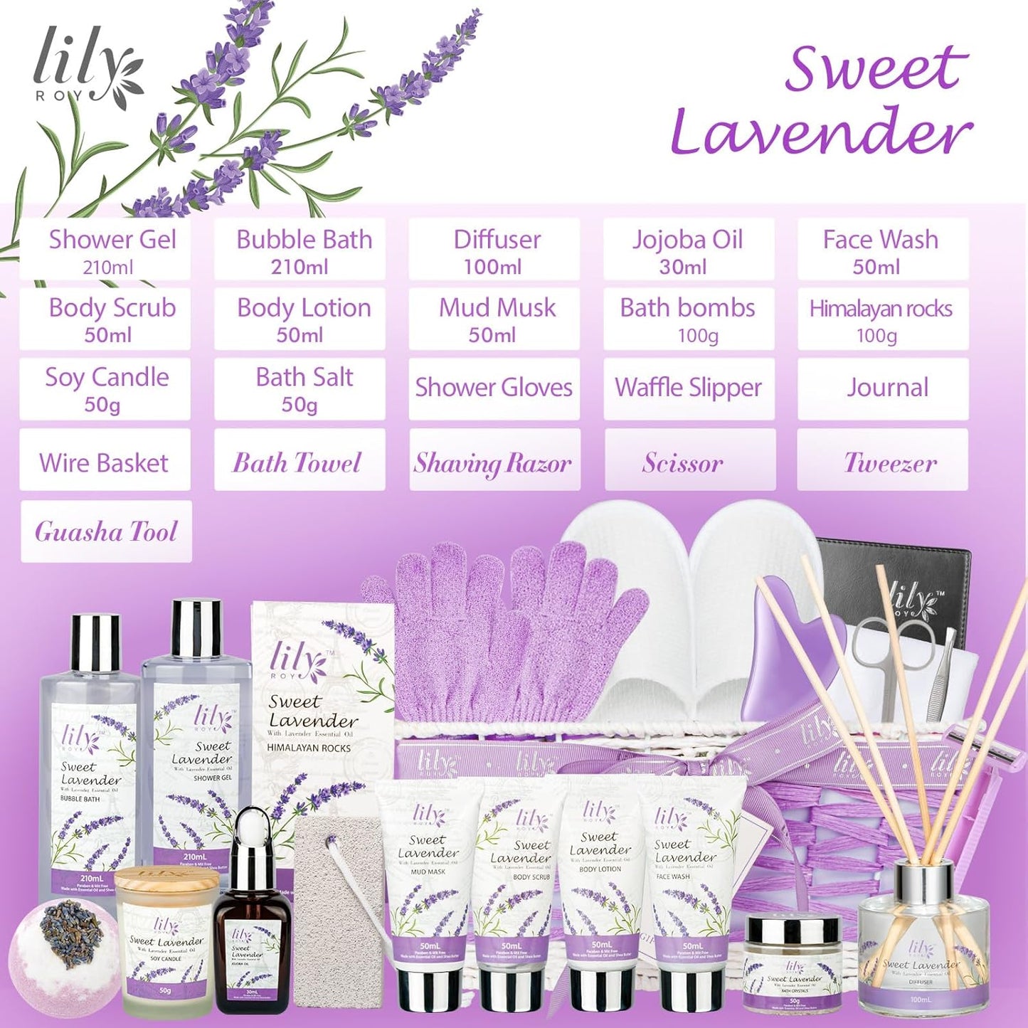 Lavender Spa Gift Set for Women - 22 Piece Luxury Bath & Body Basket with Bath Bomb, Lotion & Shower Gel | Birthday Gifts, Mothers Day Gifts, Christmas Gifts