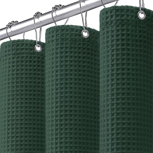 Extra Long Waffle Shower Curtain - Dark Green Cotton Texture Fabric Heavyweight Shower Curtain for Bathroom,72Wx90L