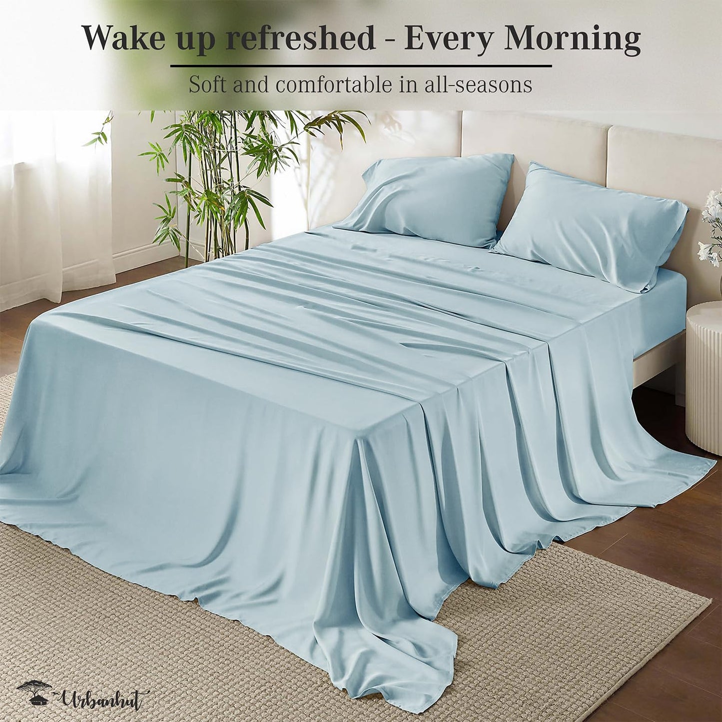 URBANHUT 700 Thread Count Twin Size Egyptian Cotton Sheets, 4Pc Sheet Set Soft Luxury Bed Sheets for Twin Size Bed, Sateen Weave Hotel Sheets, 14'' Elasticized Deep Pocket - Light Blue.