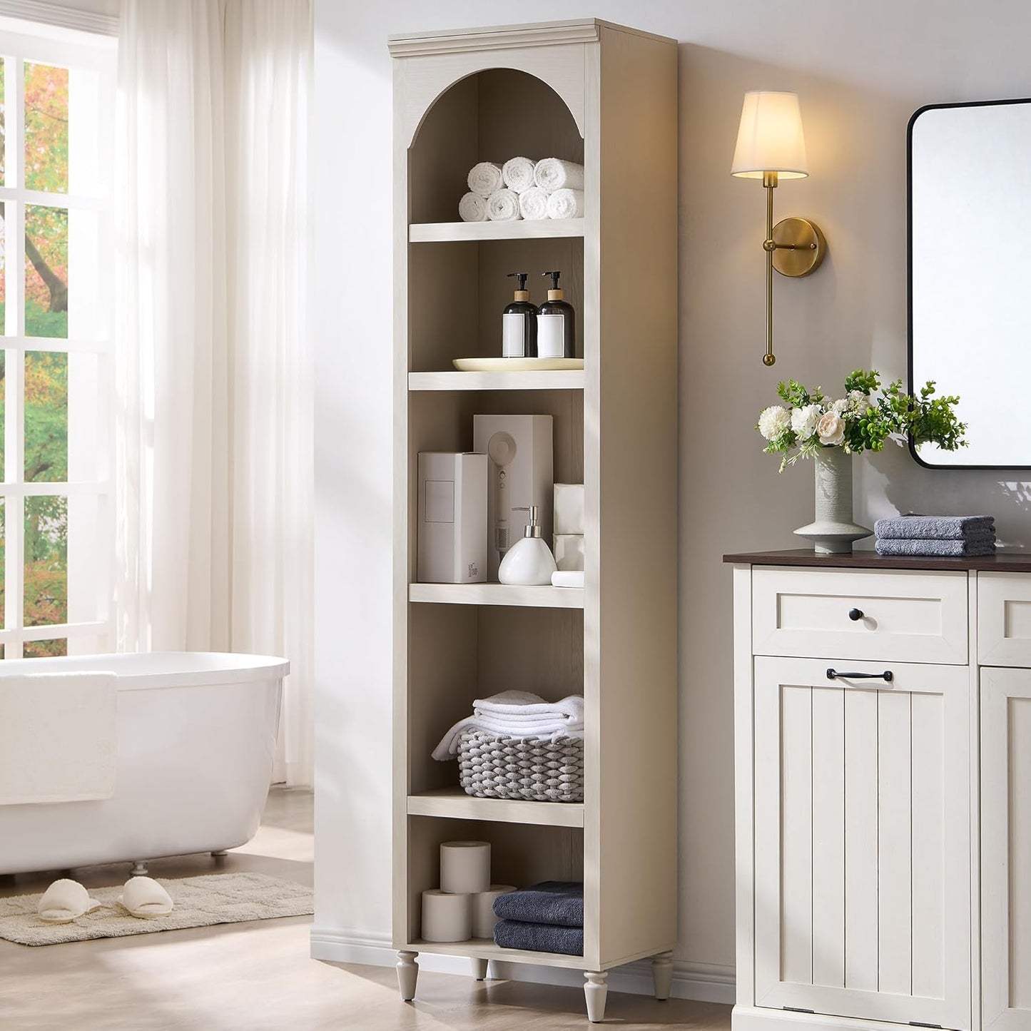 76" Tall Arched Bathroom Storage Cabinet, 5 Tiers Narrow Farmhouse Arched Cabinet w/Adjustable Shelves, Modern Wooden Storage Cabinet for Bathroom, Living Room, Entryway, Study Room (Cream)