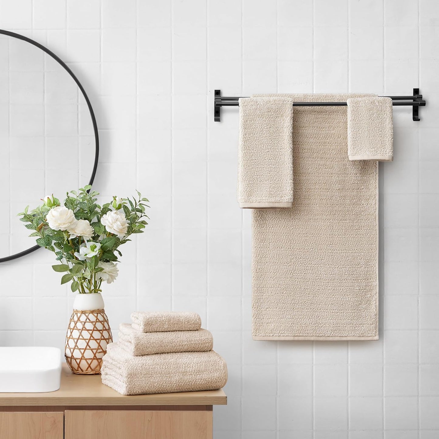Lucky Brand Luxurious Boucle 6 Piece Bath Towel Set - (2) Bath Towels, (2) Hand Towels, and (2) Washcloths - Birch Beige Premium Bathroom Towel Set