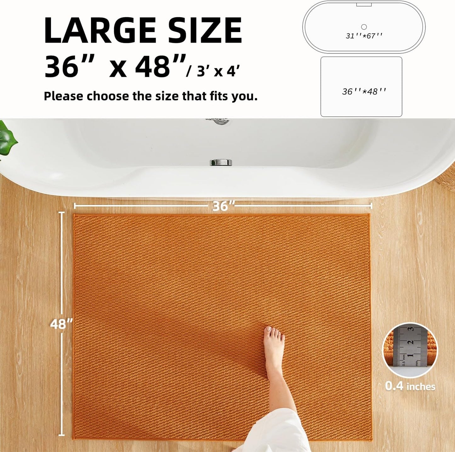 Large Bathroom Rugs Non Slip Washable Bath Rugs Super Absorbent Bathroom Rug Thin Quick Dry Low Pile Bath Mats, Orange 36"x48"