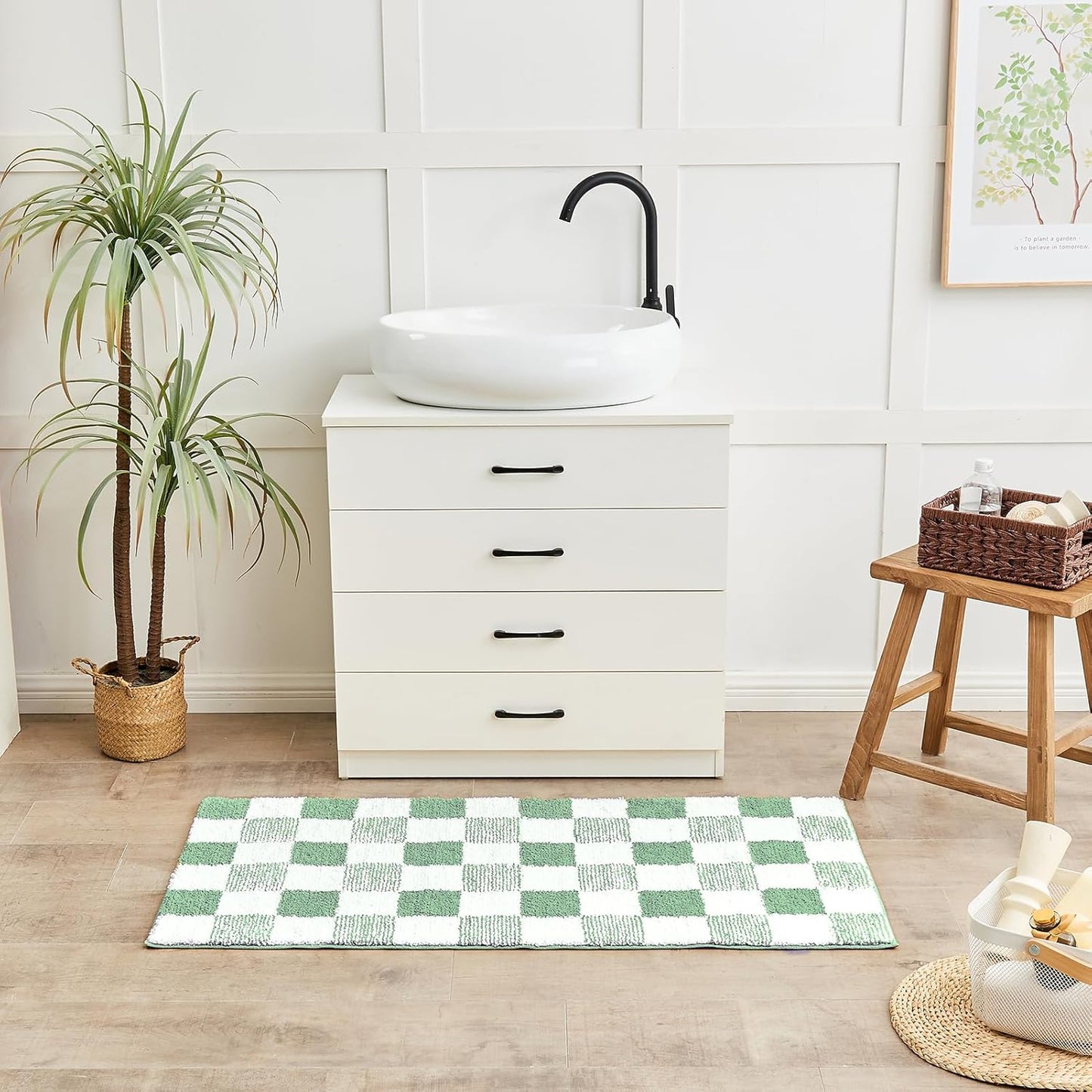 CozeCube Bath mats for Bathroom Non Slip, Fluffy Absorbent Microfiber Bath mat Washable, Aesthetic Bathroom Rugs, Long Sage Green Checkered Bath mat, Sage Green, 47" x 24"