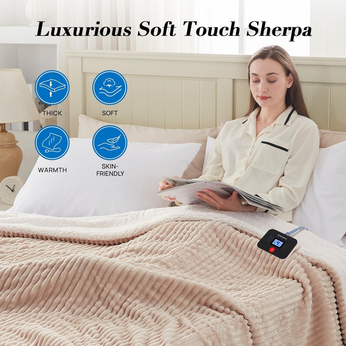 Westinghouse Full Size Heated Blanket, Soft Flannel to Sherpa Reversible, Electric Blanket Full with 10 Heating Settings & 1-12 Hours Auto Shut Off, Machine Washable, (72" x 84", Beige)