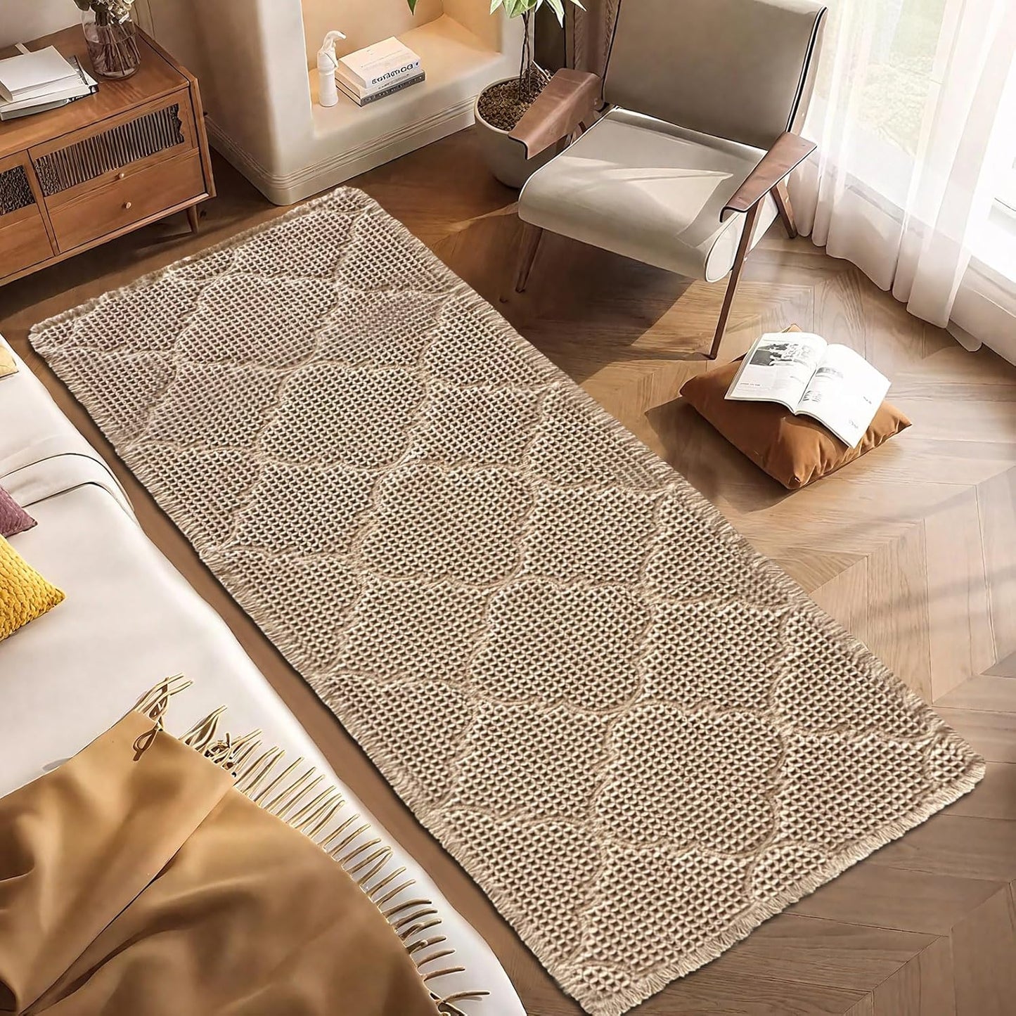 ZALL Tan Waffle Bath Mat,Super Absorbent Non Slip Bathroom Rug,Brown 24X60 inch, Geometric Diamond Machine Washable Ultra Soft Floor Mats