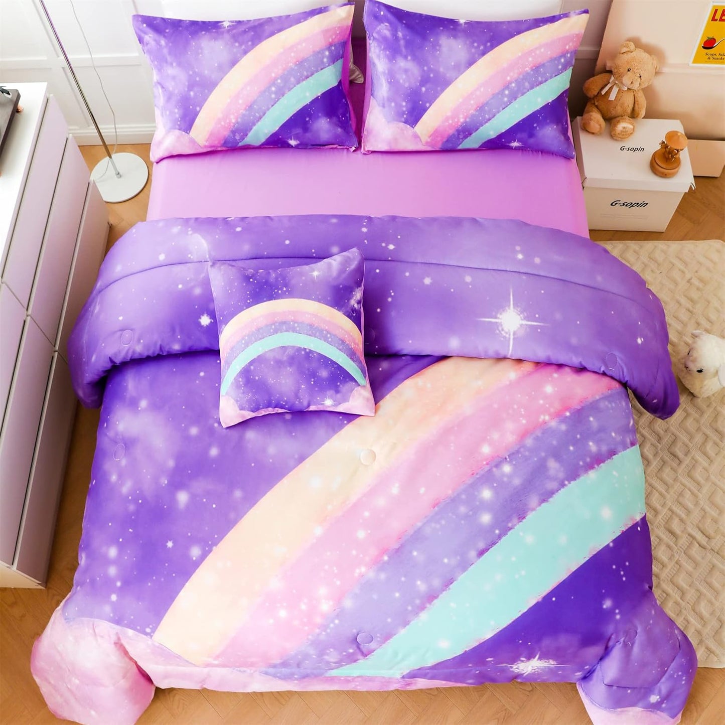 ANGIYUIN 6Pcs Gradient Purple Queen Size Comforter Set for Girls 3D Colorful Rainbow Galaxy Bed in A Bag Gradient Glitter Bedding Comforter Sets for All Season