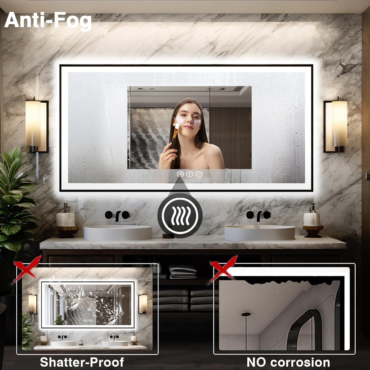 Large 88x38 LED Bathroom Mirrors - Black Aluminum Trim (Front and Backlit), Anti-Fog Vanity Mirror with Lights,Stepless Dimmable Lighted, 3 Colors Smart, Memory (Horizontal/Vertical)