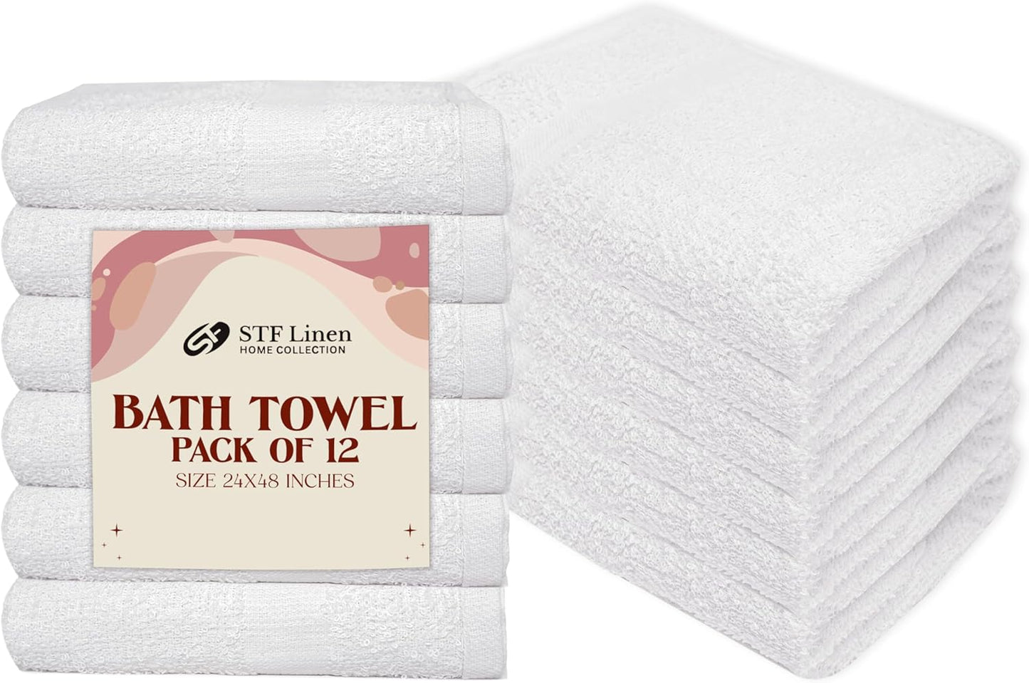 (Pack of 12 White Bath Towels Bulk 24x48 Inches - Economy Cheap Bath Towels for Commercial Uses, Gym, Salon, Spa & Hair -Lightweight Bath Towels Quick Drying -Bath Towels Sets Bulk