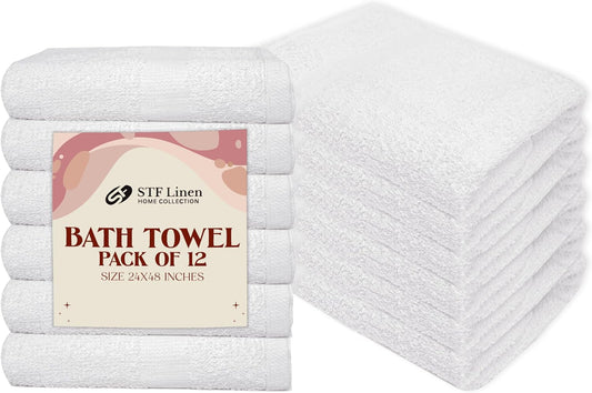 (Pack of 12 White Bath Towels Bulk 24x48 Inches - Economy Cheap Bath Towels for Commercial Uses, Gym, Salon, Spa & Hair -Lightweight Bath Towels Quick Drying -Bath Towels Sets Bulk