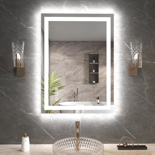 20"X28" LED Bathroom Mirror with Front Lights and Backlit, Anti-Fog, Dimmable, Shatter-Proof Tempered Glass, Lighted Bathroom Vanity Mirror for Wall with 3 Colors, Memory Function