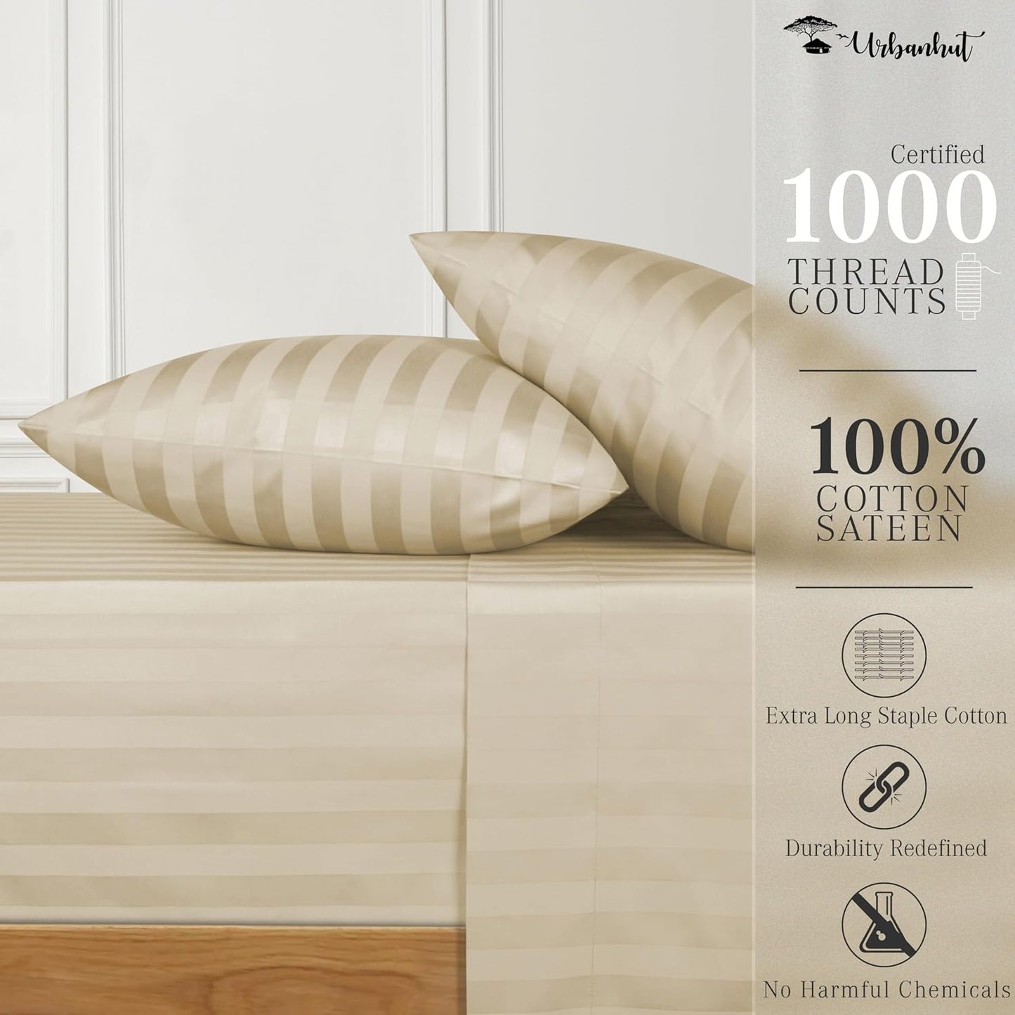 URBANHUT 1000 Thread Count Damask Striped King Size Egyptian Cotton Sheets, Long Staple Soft & Breathable, 4 Pc Bed Sheet Sets, Luxury Hotel Sateen Sheets Fits 16" Deep Pocket - Sand