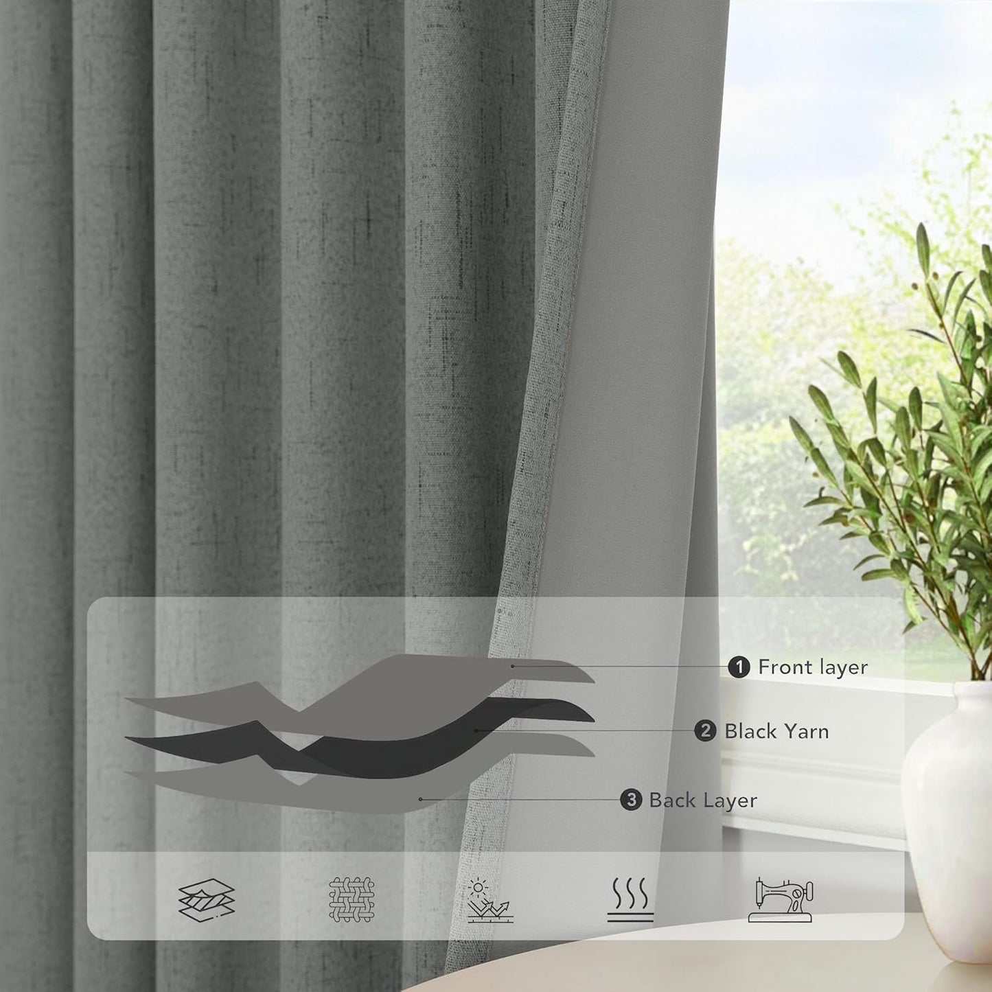 Charcoal Grey Curtains for Bedroom 2 Panel Set 63 Inch Length 100% Blackout Linen Look Thermal Insulated Light Blocking Darkening Bay Window Curtains for Boys Nursery Living Room Bathroom Dark Gray