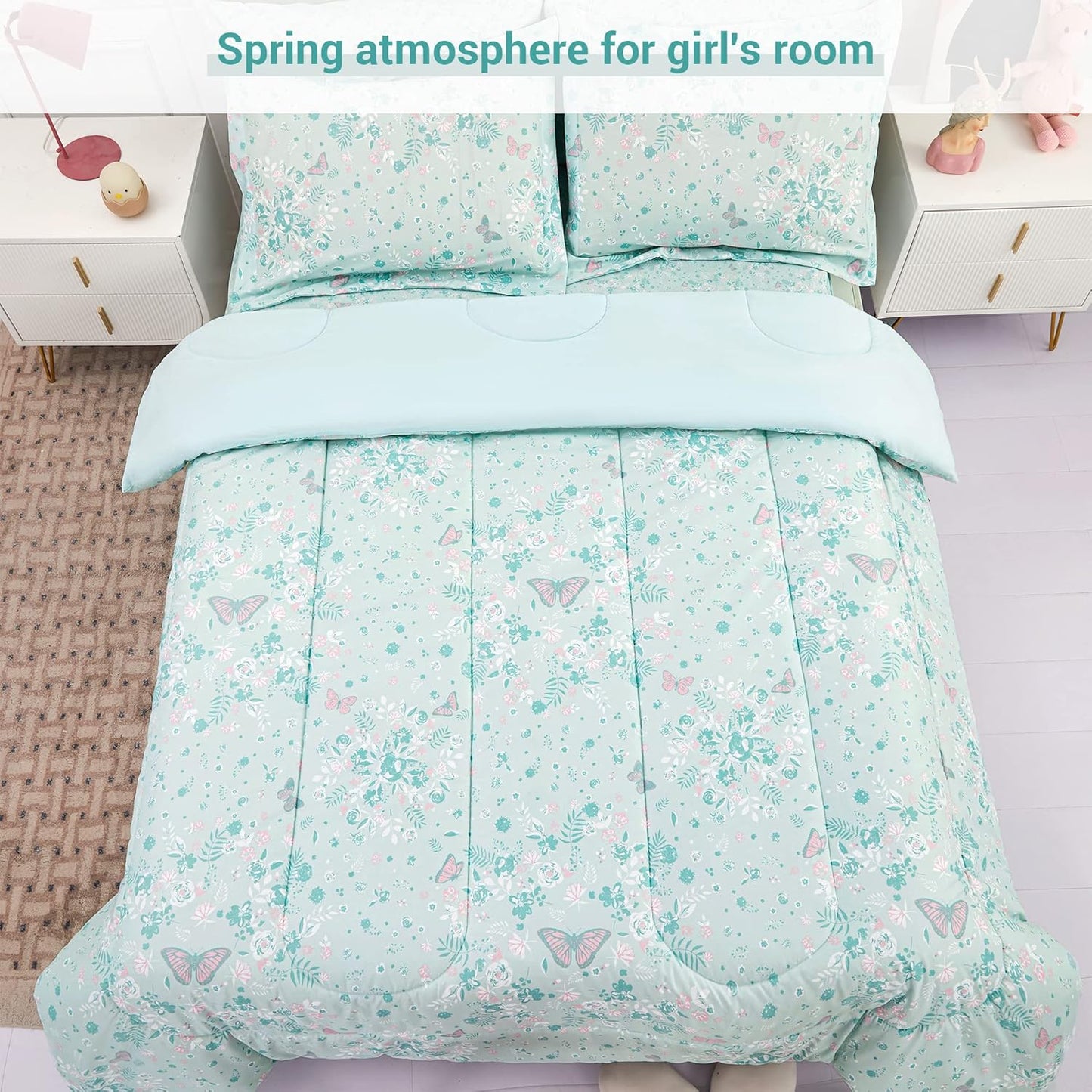 Viviland Kids Full Bedding Sets for Girls, Soft Full Comforter Set with Sheets, 7 Pieces Microfiber Bed in a Bag, Green Butterfly