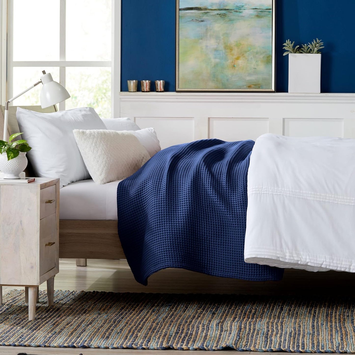 100% Cotton Waffle Weave Bed Blanket | Soft, Breathable, and Lightweight Blanket for All-Season | Perfect for Layering | Brielle Collection (Full/Queen, Navy)