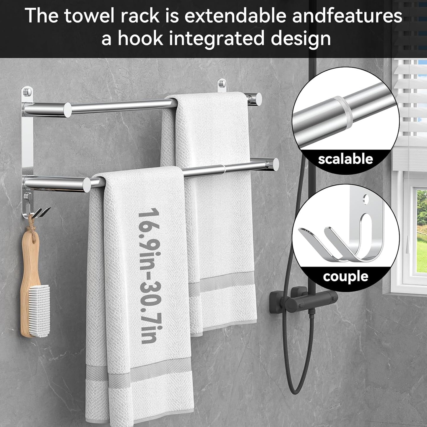 Adjustable Towel Bar for Bathroom Wall Mount17-30.7inch Adhesive Shower Towel Rack Stainless Steel Bath Towel Holders for Toilet Kitchen Double Towel Hanger (2 Layer)