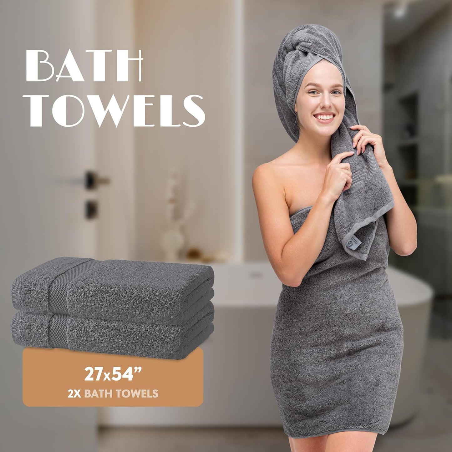 Gray Bath Towel Set of 6 - 100% Cotton Highly Absorbent Towels for Bathroom, 2 Luxury Bath Towels 650GSM, 2 Hand Towels, 2 Washcloths