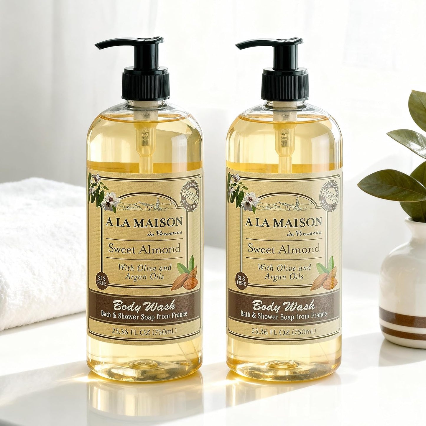 A LA MAISON French Hydrating Liquid Body Wash, Sweet Almond - Natural Body Wash Made with Essential Oils - Biodegradable, Plant-Based, Vegan, Cruelty-Free, Alcohol & Paraben Free (25.36 oz, 2 Pack)