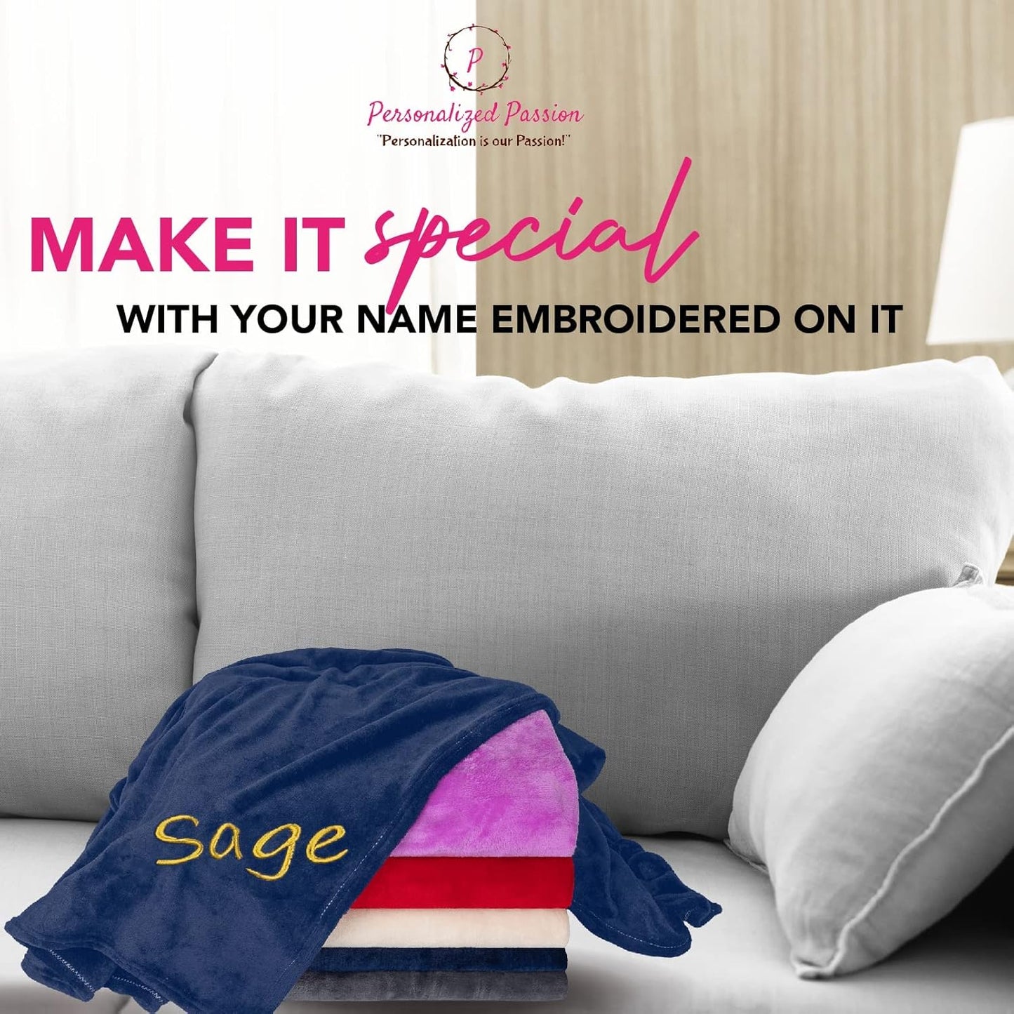 Personalized Blankets for Adults - Custom Blanket with Embroidered Name or Monogram - Soft Fleece Throw Cover for Bed & Couch - Navy (40"x60")