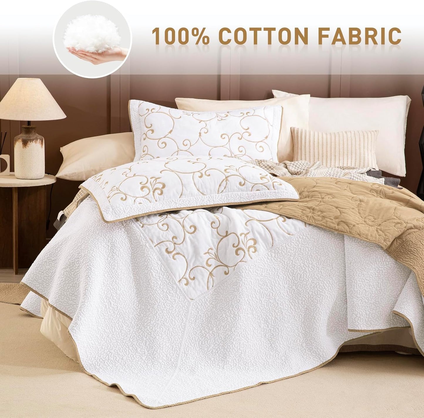 Lady Ann Oversized King 120x120 Quilt Bedspreads,100% Cotton Embroidery Pattern California King Size Quilt Bedding Set Extra Large White with Gold Bedding Coverlet Sets Lightweight All Season 3 Pcs