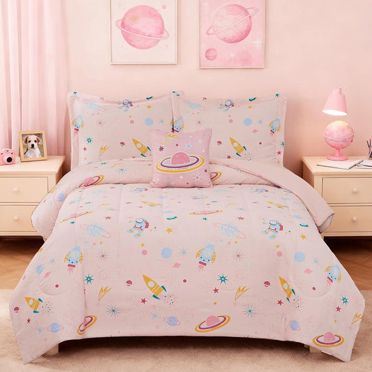 Glow in The Dark Kids Comforter Set Full Size for Girls, Planet Bedding Set 1 Comforter, 1 Decor Pillow, 2 Pillow Shams