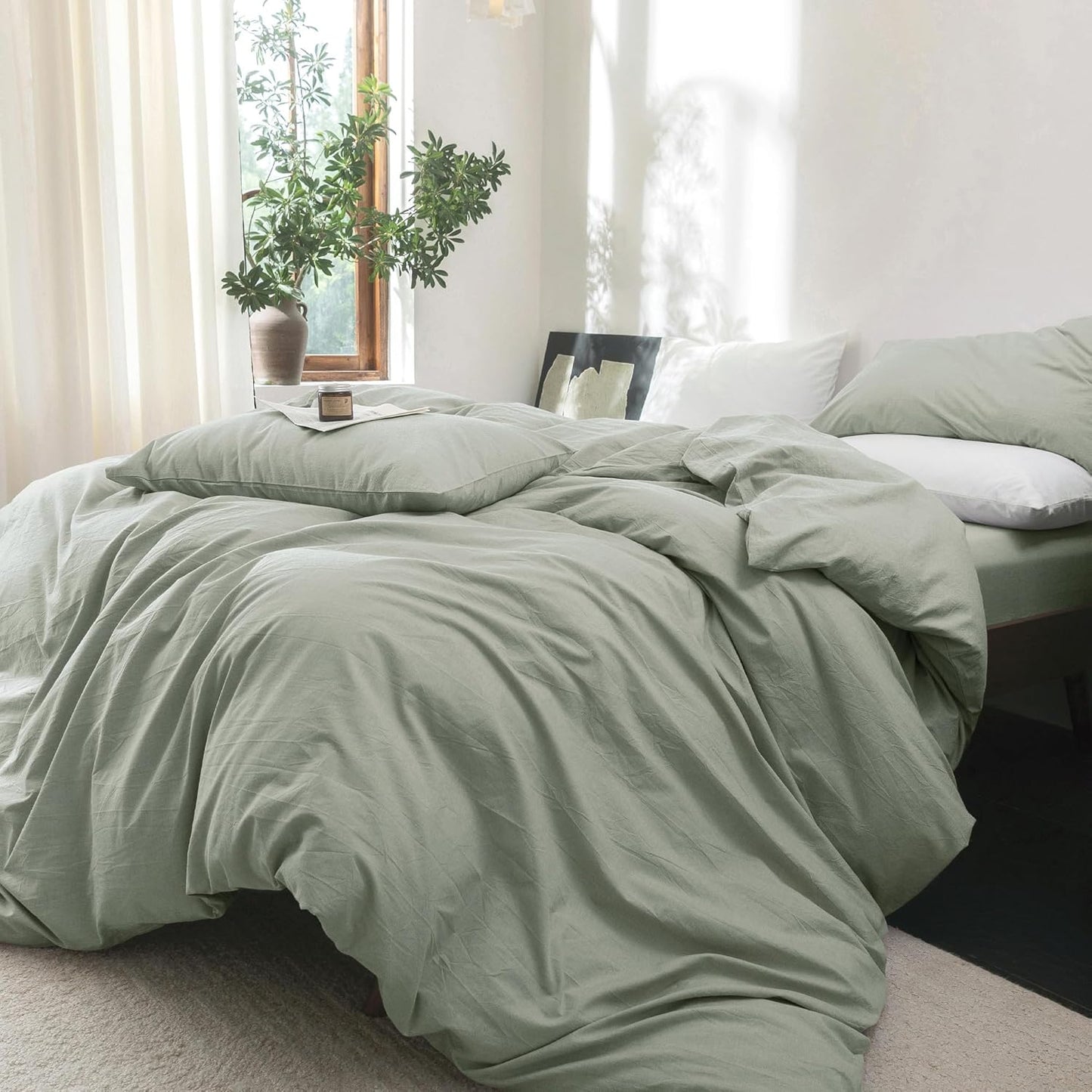 FOSSA Duvet Cover Set 100% Washed Cotton Linen Feel Super Soft Breathable Cozy Simple Style 3 Pieces Bedding Sets Solid Sage Green Super King Plus