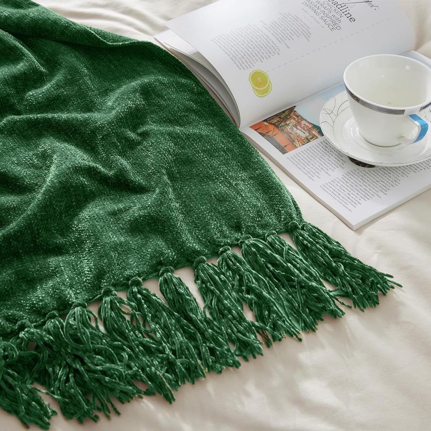 CozeCube Chenille Throw Blanket for Couch, Cozy Plush Fuzzy Decorative Christmas Green Blanket with Fringe Tassels, Lightweight Throws for Bed Sofa Gift Home Decor, 60"X80"