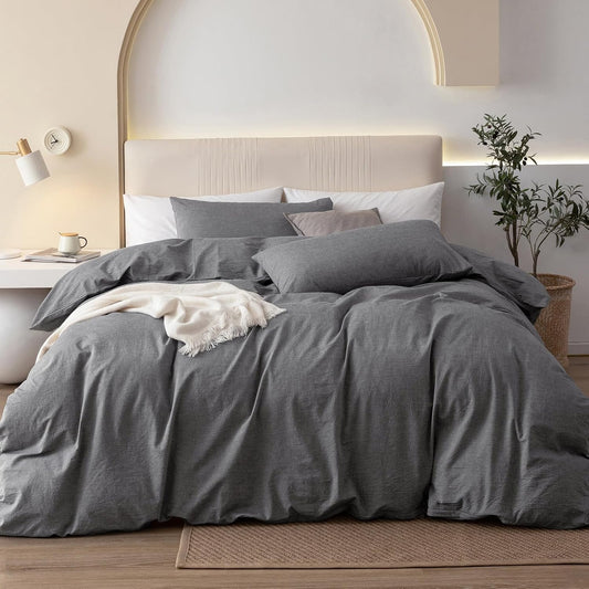 JIYUAN 100% Washed Cotton Duvet Cover Set 3 Pieces Alaska King, 1 Duvet Cover 132x120 Inches(Comforter Not Included) and 2 Pillowcases,Linen Feel Bedding Set Comfy and Breathable,Heathered Dark Grey