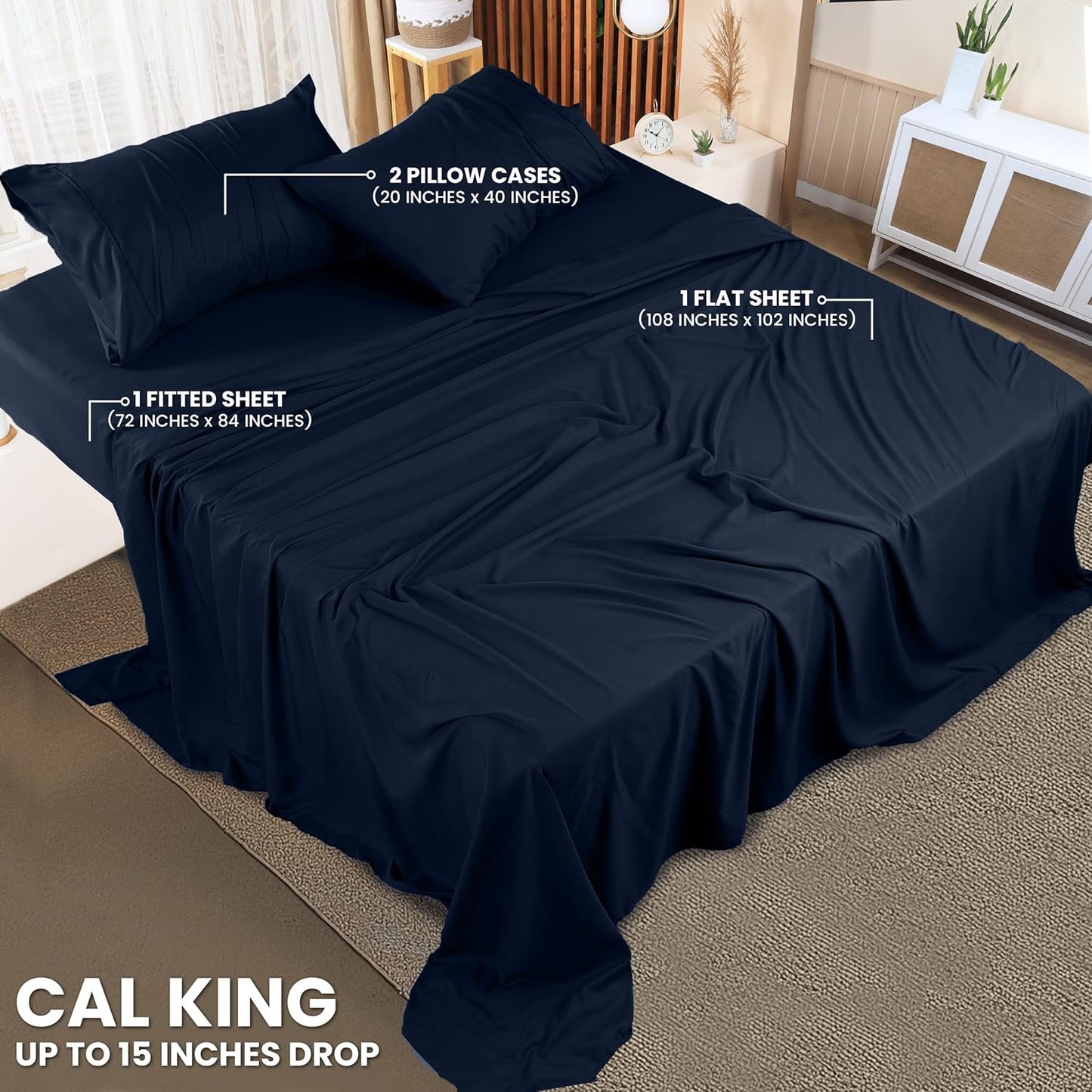 Utopia Bedding California King Sheet Set – 4 Piece Bed Sheets for Cal King Size Bed, Soft and Breathable Microfiber, Includes 1 Fitted Sheet, 1 Flat Sheet and 2 Pillowcases (Navy Blue)