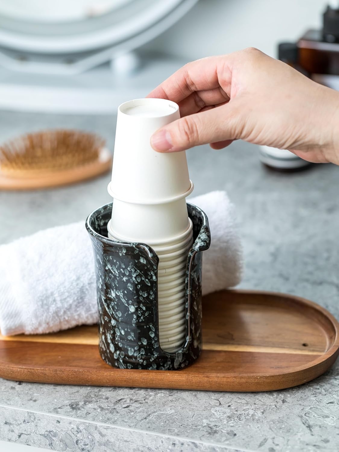 Bathroom Cup Dispenser 3 Oz, Ceramic Bathroom Cup Holder Mouthwash Cup Dispenser, Small Paper Cup Dispenser for Bathroom Vanity Countertop, Black
