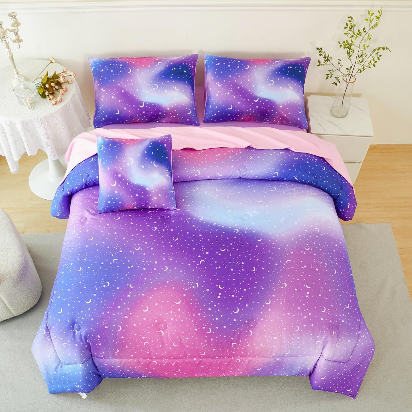 URBONUR 6Pcs Glitter Comforter Set for Girls Full Size Colorful Gradient Galaxy Bedding Set Kids Teen Comforter Sets Bed in A Bag Full (Purple Blue)