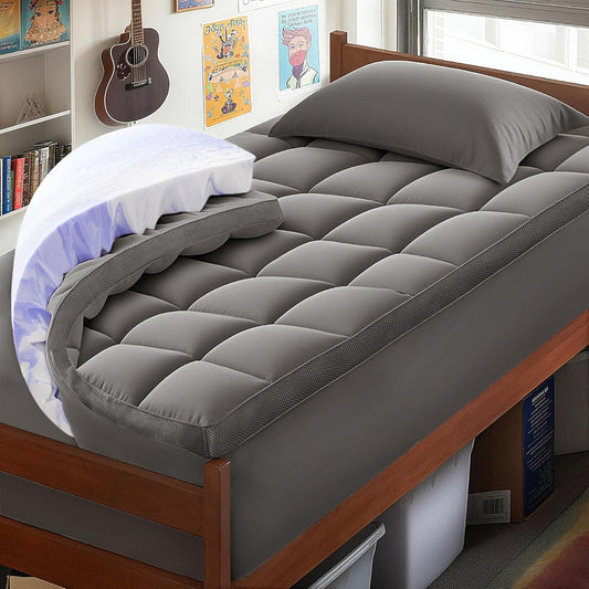 Dual Layer Memory Foam Twin XL Mattress Topper - 2 Inch Gel Egg Crate Foam and 2 Inch Cooling Pillow Top Cover Rayon, Twin Extra Long College Dorm (Grey)