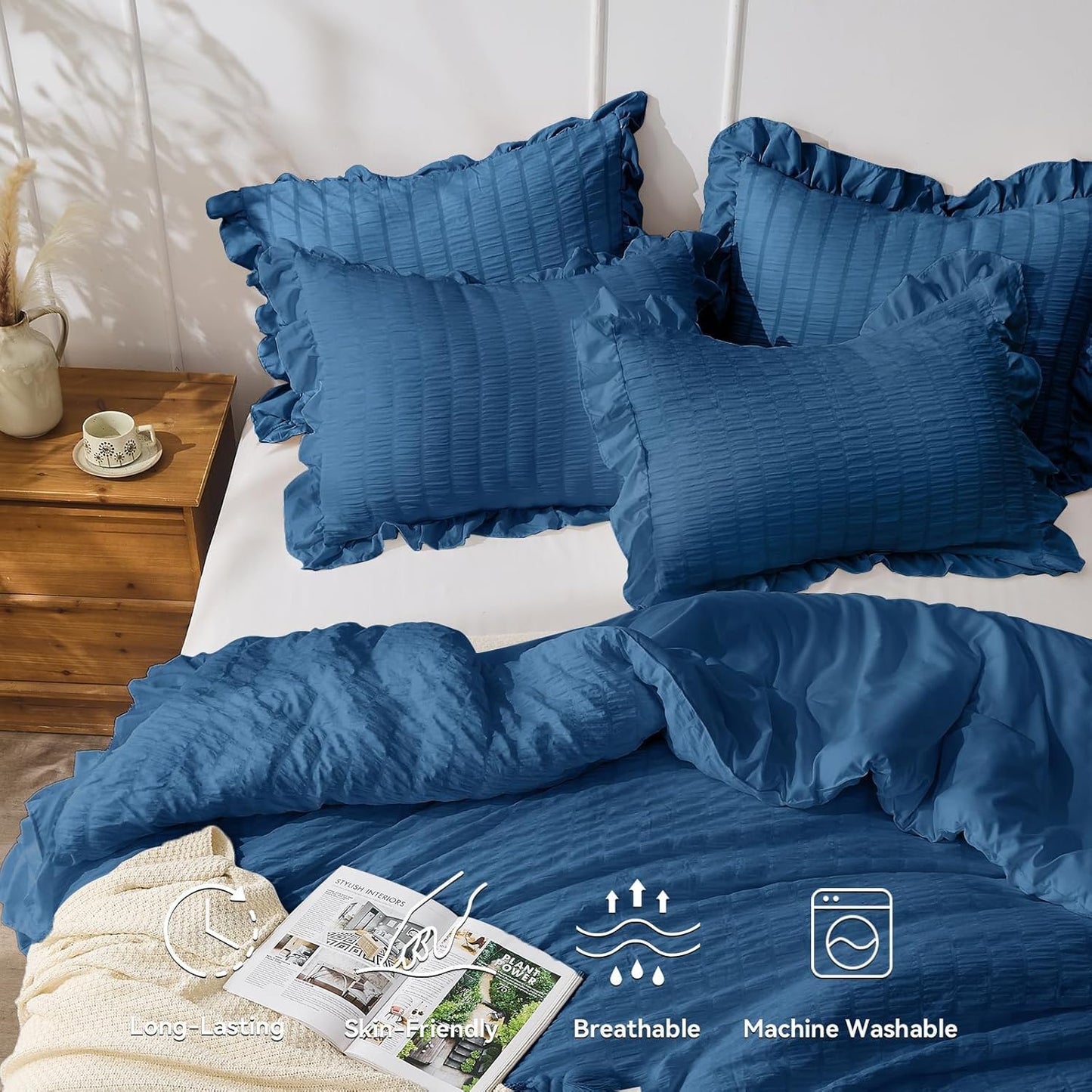 JOLLYVOGUE Teal Comforter Full Size, 3 Pieces Seersucker Lightweight Full Size Bedding, All Season Fluffy Microfiber Bedding Comforter Set with 1 Ruffle Comforter and 2 Ruffle Pillowshams