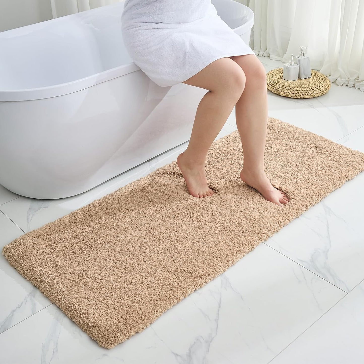 Beige Bathroom Runner Rug 24x59 Non Slip Fluffy Long Bath Mat for Bathroom Floor Washable Plush Luxury Bath Rug for Tub Absorbent Shower Sink Mat Bedside Rug