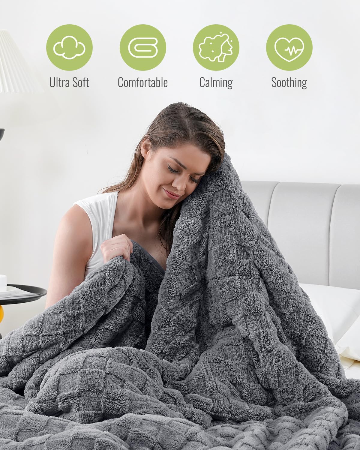Uttermara Sherpa Fleece Weighted Blanket Queen Size(15lbs, 60" x 80", Grey), 3D Jacquard Checkered Warm Sherpa Heavy Blanket for Adults, Soft Fuzzy Weighted Blankets for Couch Bed Sofa