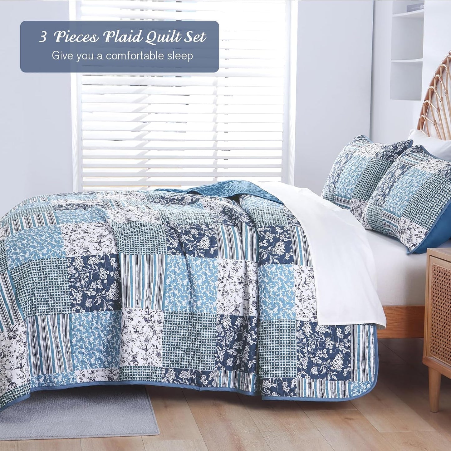 Mybedsoul Navy Blue Quilt Set King Size, 3 Pieces Plaid Floral Bedspread Set Patchwork Reversible Bedding Set Microfiber Lightweight Bedspread Coverlet Set for All Season 110"x90"